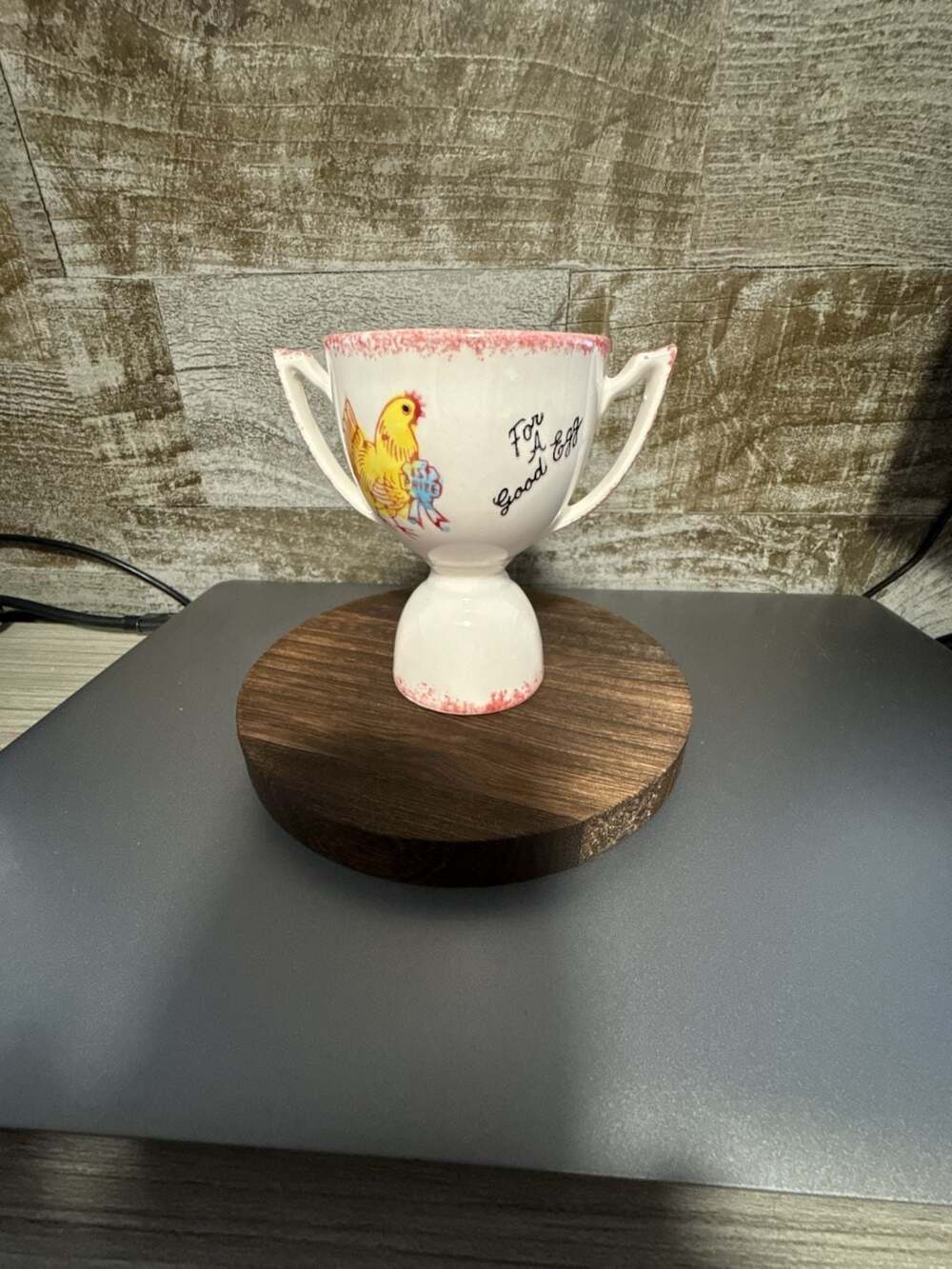 Vintage Ceramic Two-Handled Trophy Egg Cup With Chicken Motif